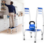 Platinum Health AdjustaStep(tm) DoubleSafe Deluxe Step Stool/Footstool with Dual Handle/Handrail, Height Adjustable. Modern White/Blue Design. Padded Non-Slip Hand Grips