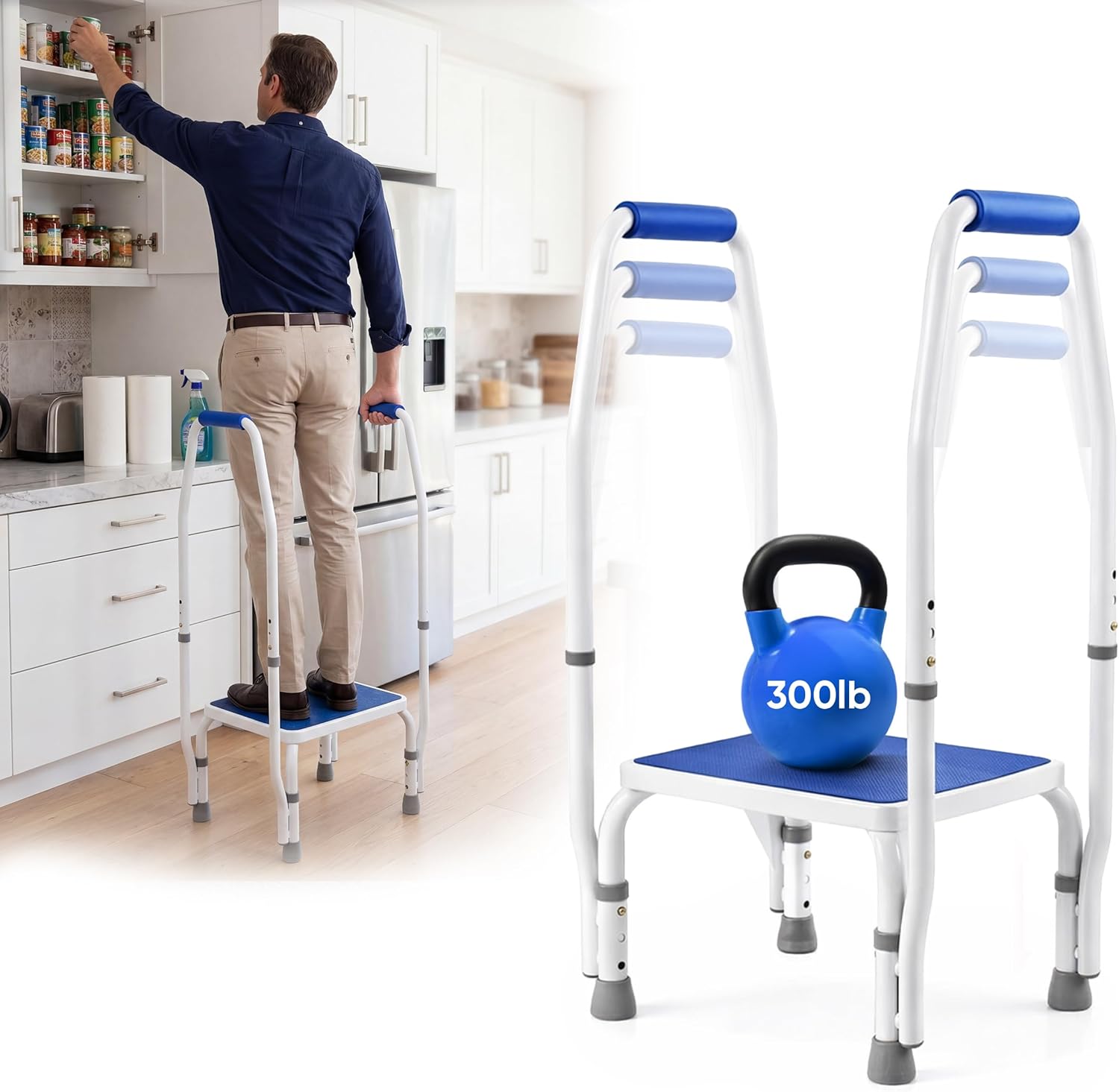 Platinum Health AdjustaStep(tm) DoubleSafe Deluxe Step Stool/Footstool with Dual Handle/Handrail, Height Adjustable. Modern White/Blue Design. Padded Non-Slip Hand Grips
