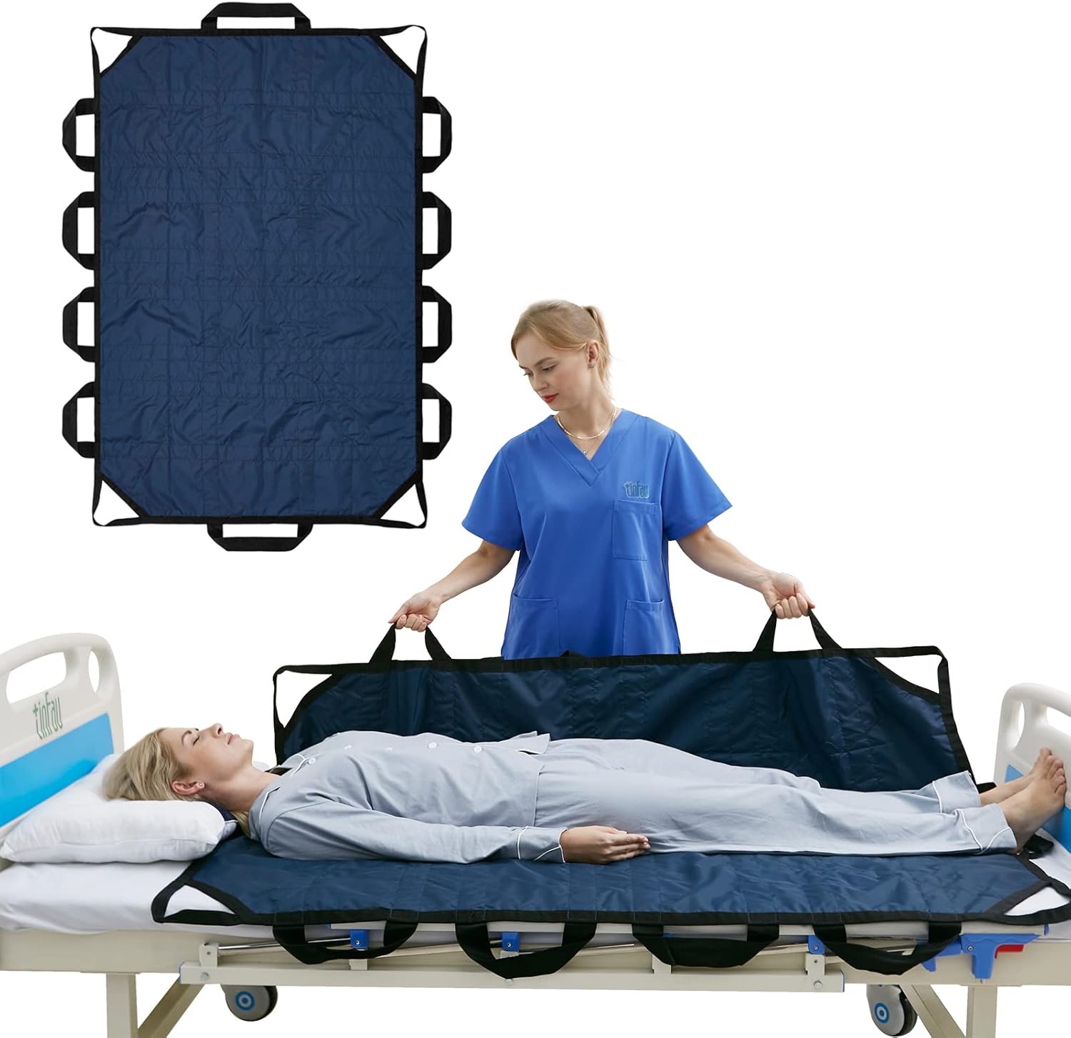 60" x 40" Positioning Bed Pad with Handles Washable Draw Sheets for Hospital Bed Ridden Patient Clothes Waterproof Glide Sheets for Patients Moving Pad for Lifting &Transfer Sheet Nylon, Blue