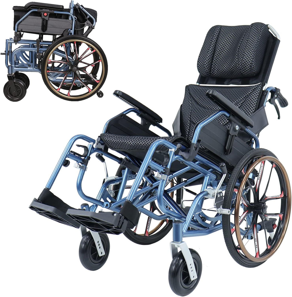 Folding Reclining Wheelchair 20" Rear Wheels and Elevating Legrests and 18" Seat Width 220 lbs Black