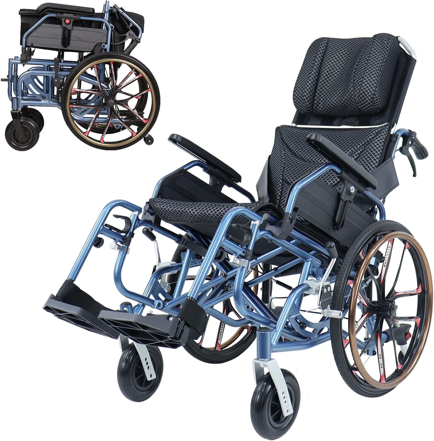 Folding Reclining Wheelchair 20" Rear Wheels and Elevating Legrests and 18" Seat Width 220 lbs Black