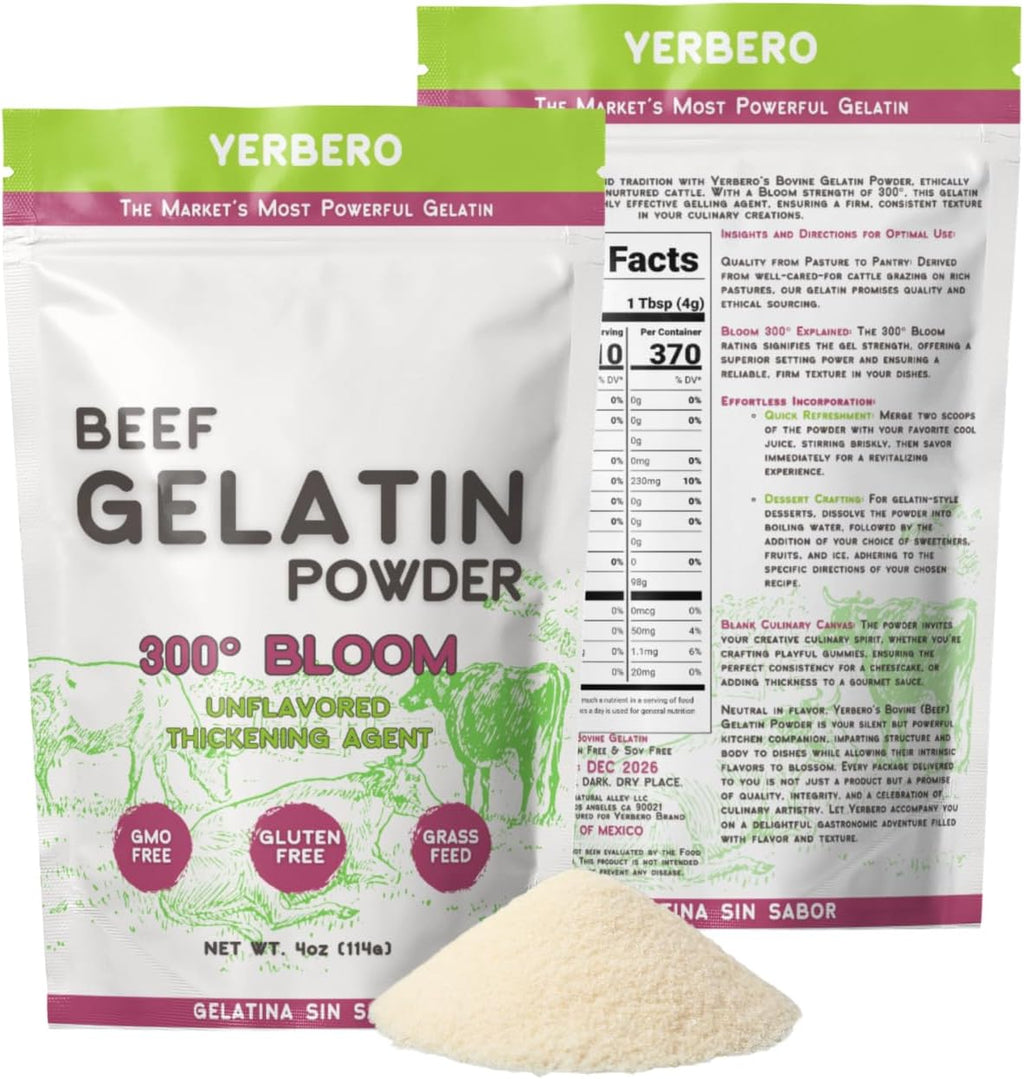 Yerbero - Premium Unflavored 300° Bloom Beef Gelatin Powder 4oz (114g) | Thickening Agent | Grenetina en Polvo Sin Sabor | Swiftly Solidifies, Stabilizes, and Enhances for Culinary & Baking Endeavors.