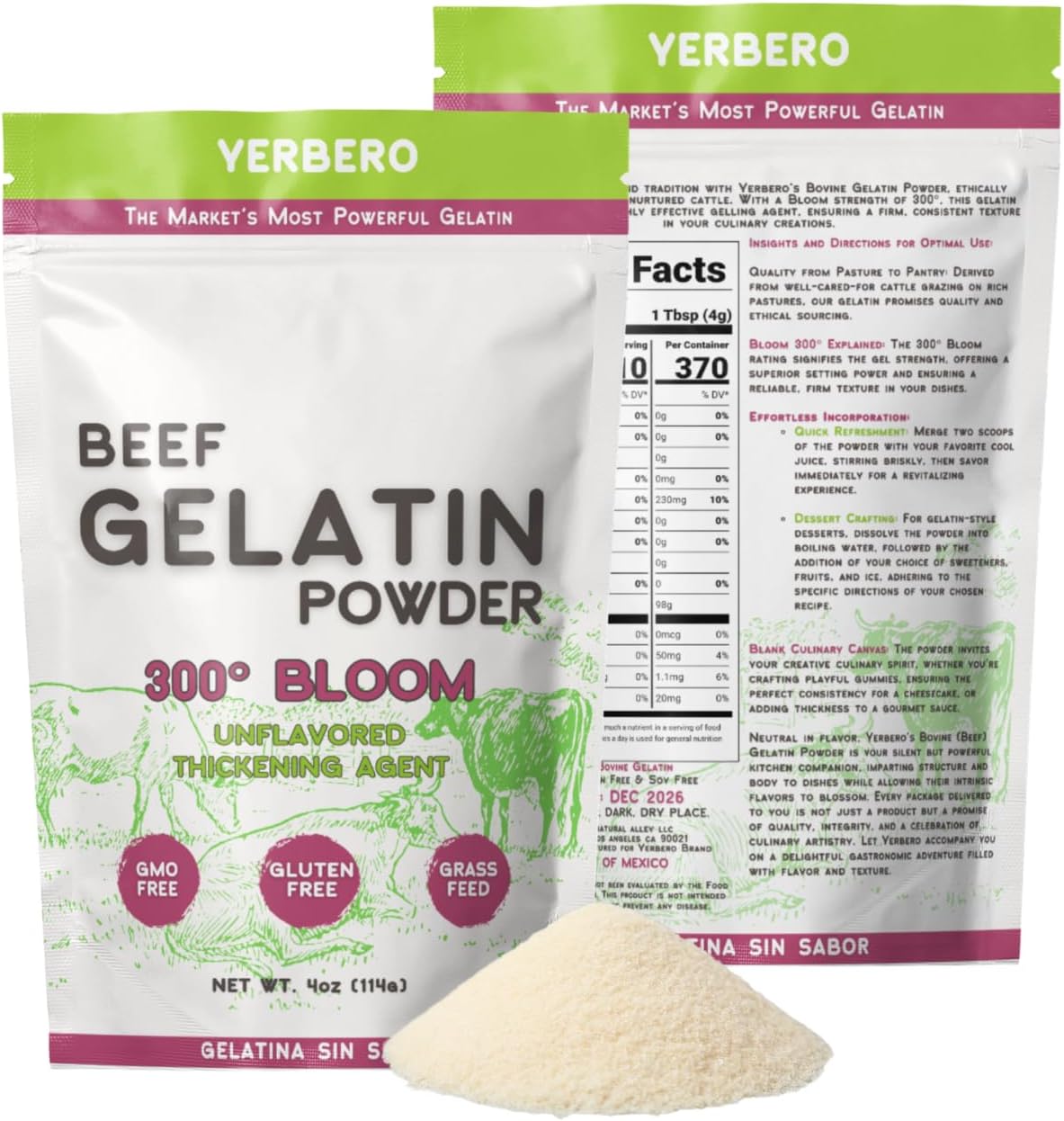 Yerbero - Premium Unflavored 300° Bloom Beef Gelatin Powder 4oz (114g) | Thickening Agent | Grenetina en Polvo Sin Sabor | Swiftly Solidifies, Stabilizes, and Enhances for Culinary & Baking Endeavors.