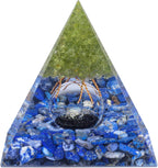 Amogeeli Peridot Crystal Tree of Life Orgone Crystal Pyramid with Glass Sphere, Healing Stone Orgonite Pyramid for Meditation Reiki Yoga Home Decoration