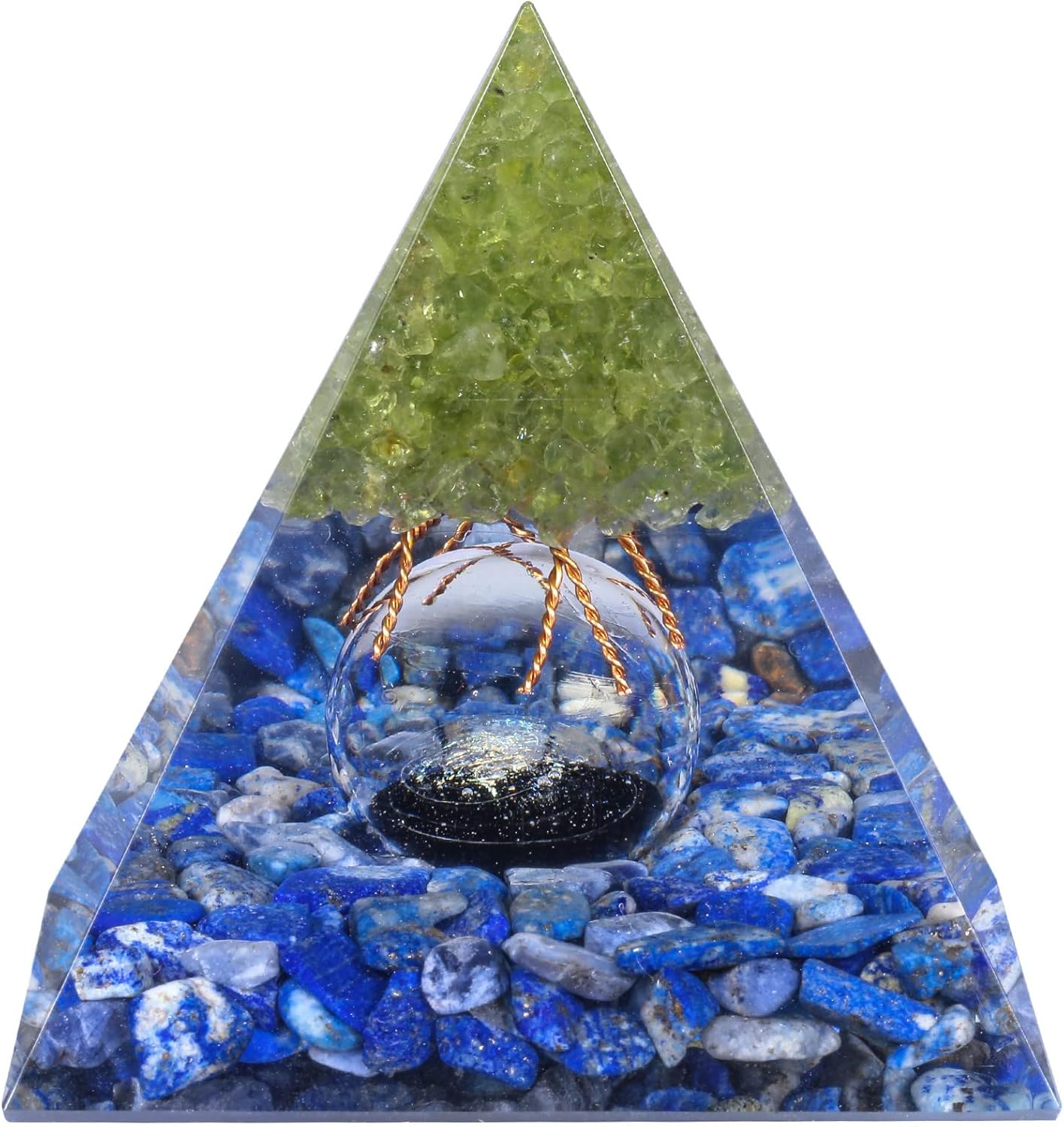 Amogeeli Peridot Crystal Tree of Life Orgone Crystal Pyramid with Glass Sphere, Healing Stone Orgonite Pyramid for Meditation Reiki Yoga Home Decoration