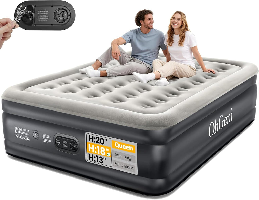 OhGeni Air Mattress Queen with Built in Pump, 18" Raised Inflatable Blow Up Mattress, Upgraded Surface Portable Bed for Home, Camping, Colchone Inflable, Ideal Alternative to a Bed, 1-Pack Only