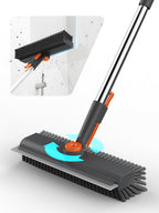 Floor Scrub Brush with Long Handle, 3 in 1 Multi-angle Swivel Right Angled Bristle Floor Scrubber Brush with Squeegee and Tweezer for Cleaning Tile Wall Deck Bathroom Patio Garage Kitchen (Grey)