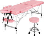 Yaheetech Adjustable Massage Bed 2-Section Folding Spa Beds Salon Bed Massage Couch with Salon & Spa Stool Massage Therapy Table Adjustable Chair Swivel Stools Pink