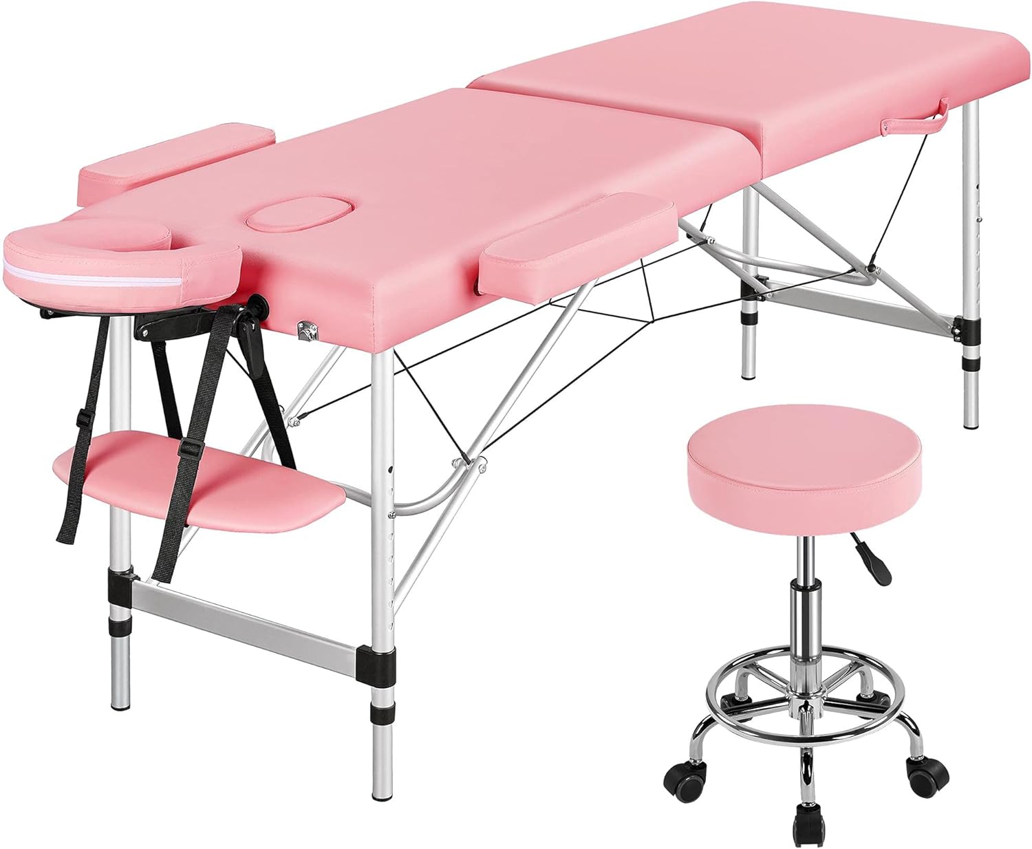 Yaheetech Adjustable Massage Bed 2-Section Folding Spa Beds Salon Bed Massage Couch with Salon & Spa Stool Massage Therapy Table Adjustable Chair Swivel Stools Pink