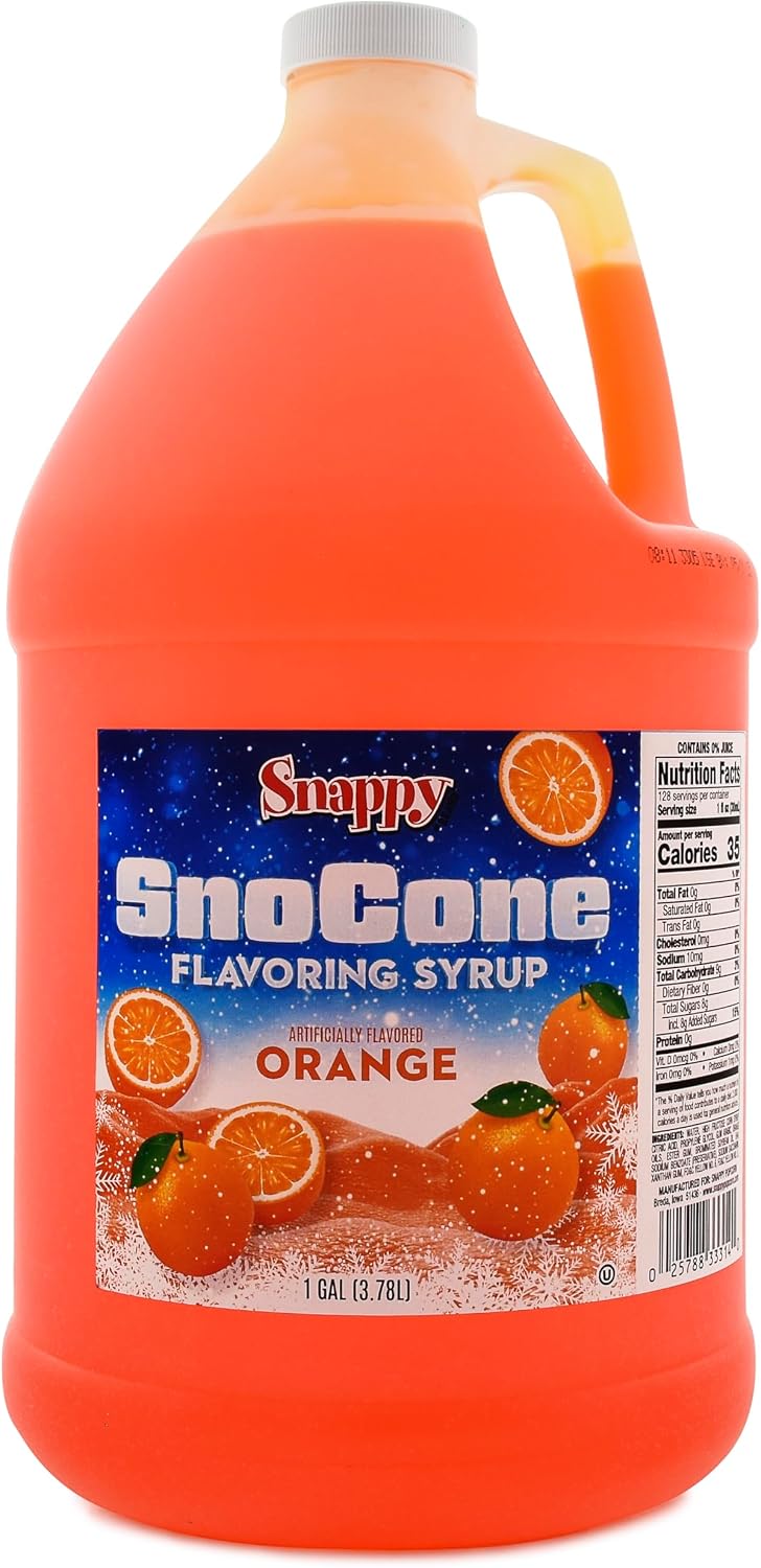 Snappy Orange Sno Cone Syrup, 1 Gallon (128 ounces) Size, Ready to Use For Snow Cone Machines, Flavored Syrup for Shaved Ice, 14 Snow Cone Flavor Options