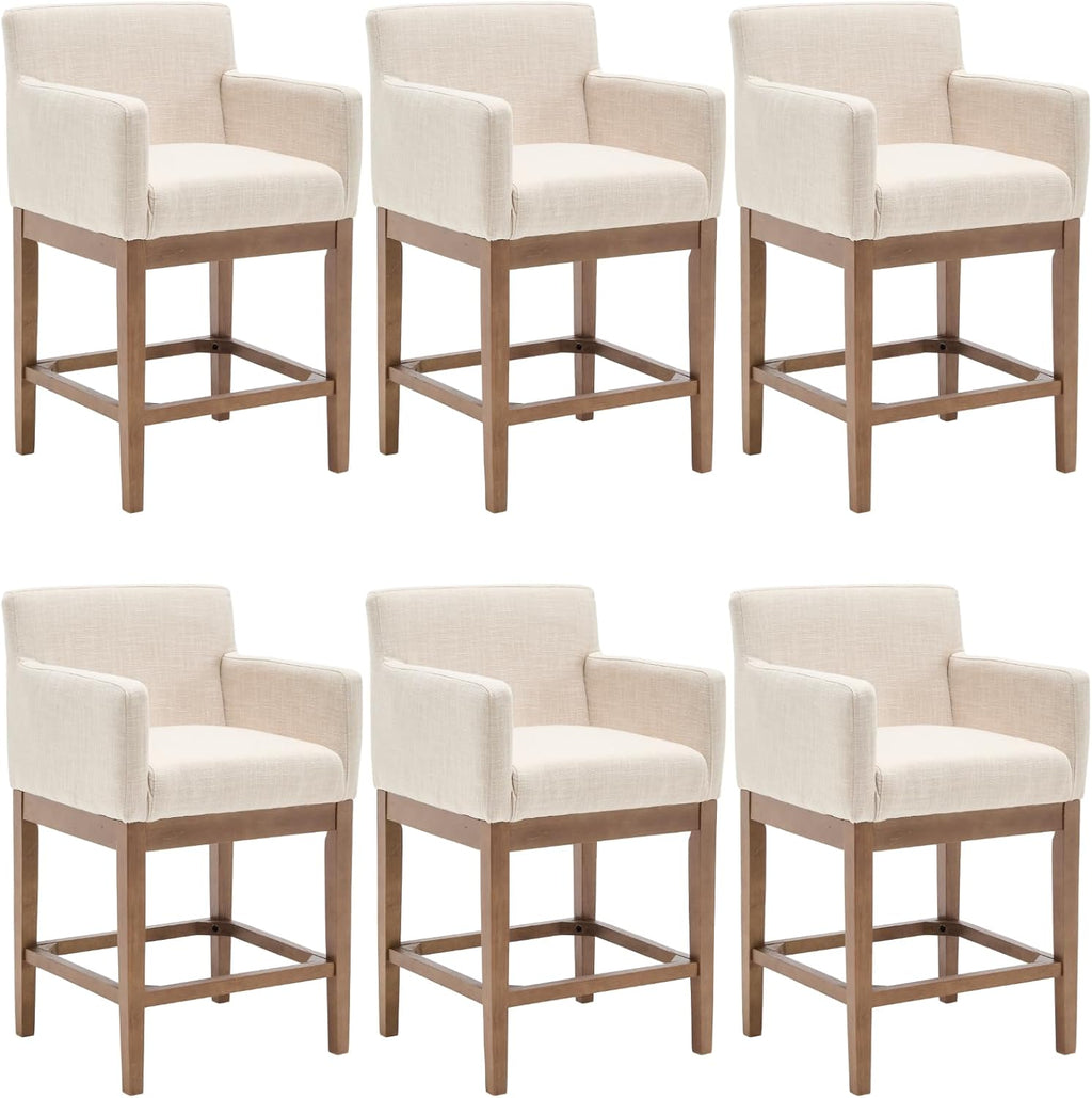 Ya-Home 26’’ Bar Stools Set of 6, Modern Farmhouse Counter Height Barstools Linen Fabric Bar Chairs with Armrest for Kitchen Island Dining Room, Beige