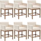 Ya-Home 26’’ Bar Stools Set of 6, Modern Farmhouse Counter Height Barstools Linen Fabric Bar Chairs with Armrest for Kitchen Island Dining Room, Beige