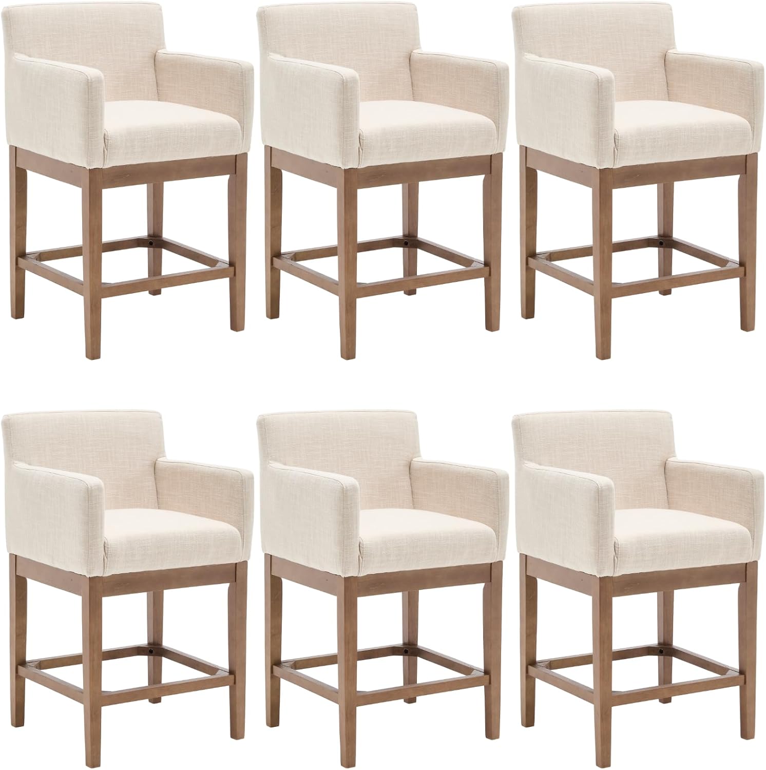 Ya-Home 26’’ Bar Stools Set of 6, Modern Farmhouse Counter Height Barstools Linen Fabric Bar Chairs with Armrest for Kitchen Island Dining Room, Beige