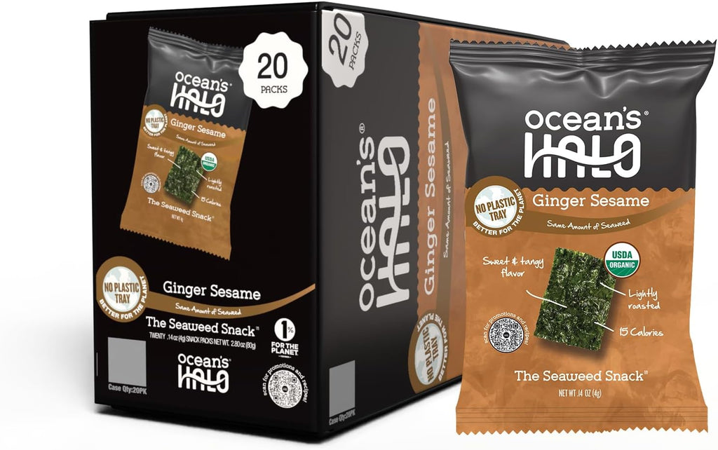 Ocean’s Halo Organic Seaweed Snacks – Ginger Sesame, Trayless, Vegan, Crispy Salty Snacks, 20-Pack (0.14 oz each)