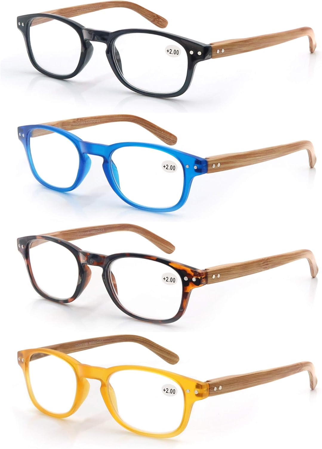 MODFANS 4 Pack Reading Glasses 1.5 Fashion Wood-Look Spring Hinges Stylish Readers Men Women