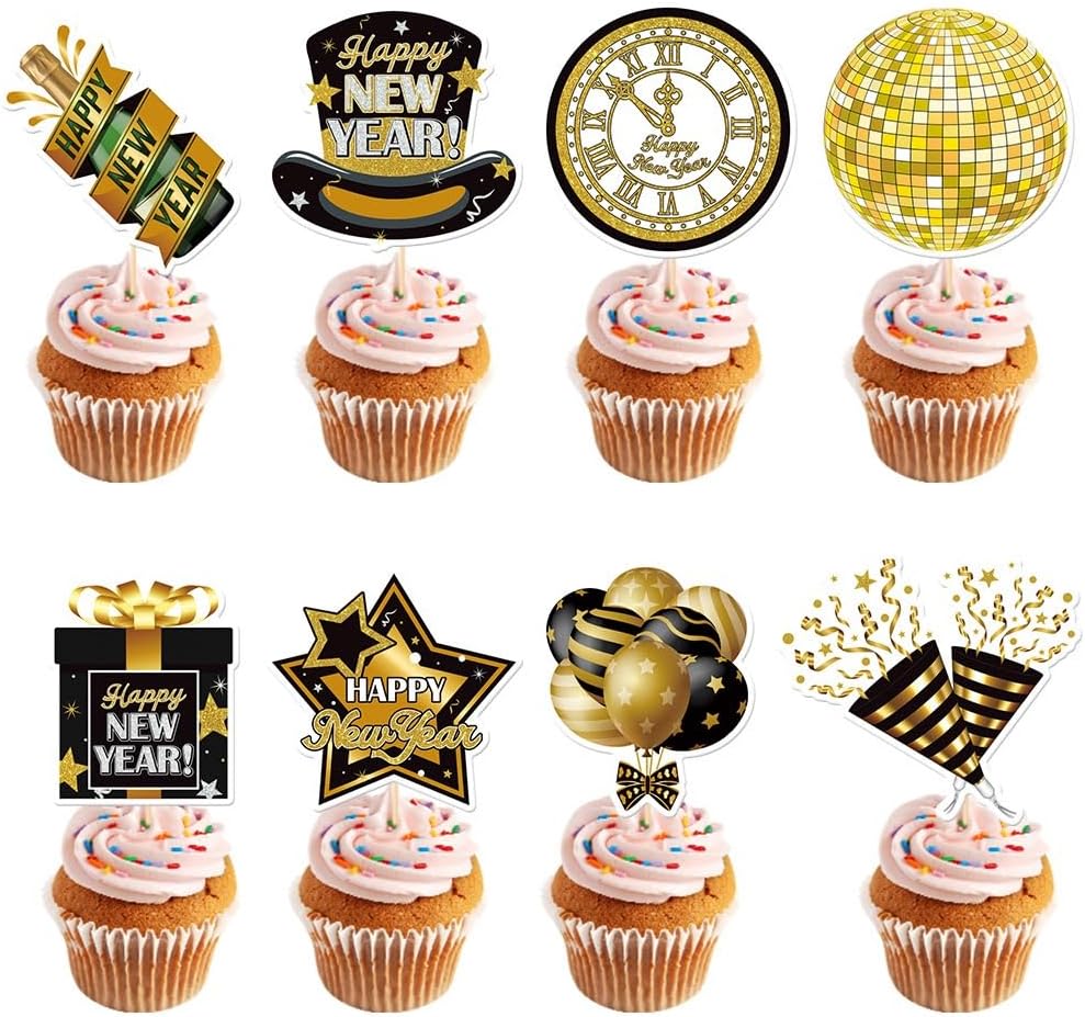 24 Pack Black Gold 2026 Happy New Year Cupcake Toppers 8 Types Muffin Cake Toppers for New Years Eva Party Favor Supplies (Pattern-2)