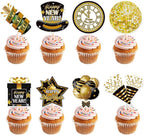 24 Pack Black Gold 2026 Happy New Year Cupcake Toppers 8 Types Muffin Cake Toppers for New Years Eva Party Favor Supplies (Pattern-2)
