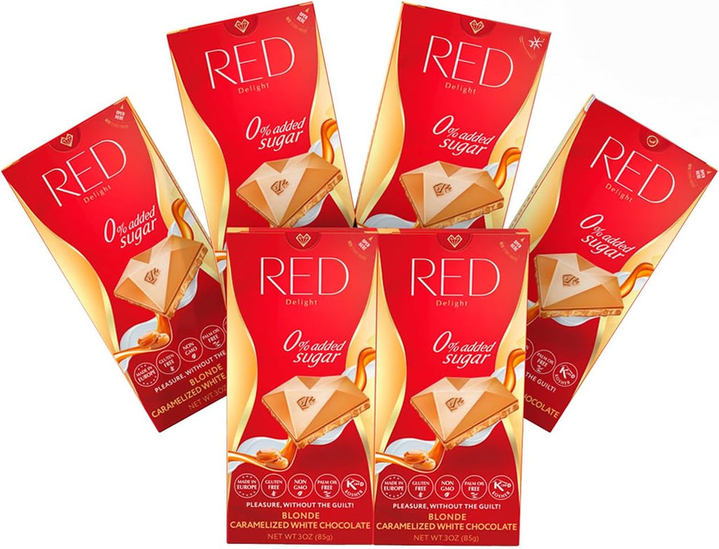 Red Delight Caramelized White Chocolate Bars - Pack of 6 - No Added Sugar, Reduced Calories and Fat - Full-Size Chocolate Treats for Gifting and Indulgence
