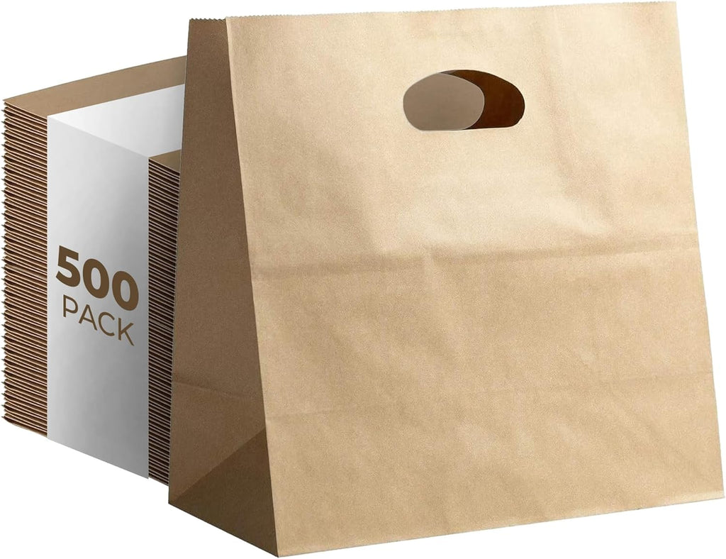 Natural Brown Kraft Paper Bags with Die Cut Handles 11" x 6" x 11" - Recyclable Shopping Tote Bag for Retail, Gifts, Restaurant Takeout, Catering, Bakery, Small Business, Party Favors - 500 Pack