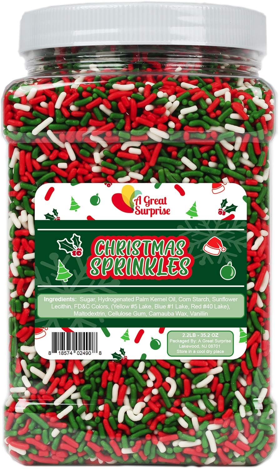 Christmas Sprinkles Bulk - 2.2 LB - Xmas Tree Jimmies - Red, Green & White Confetti for Dessert Decorating - Holiday Baking Toppings for Gingerbread, Cupcakes, Cookies, Cake Pops