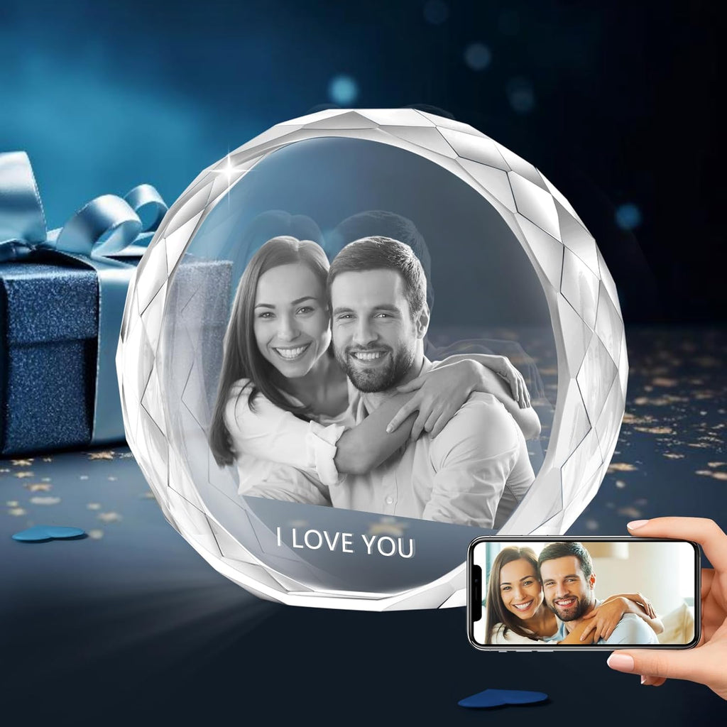 Custom Picture Gift for Men Women: Personalized 3D Crystal Photo Etched Engraved Inside The Round Crystal with Your Own Picture - Birthday Christmas Memorial Gift for Wife Her Him Mom Dad Girlfriend