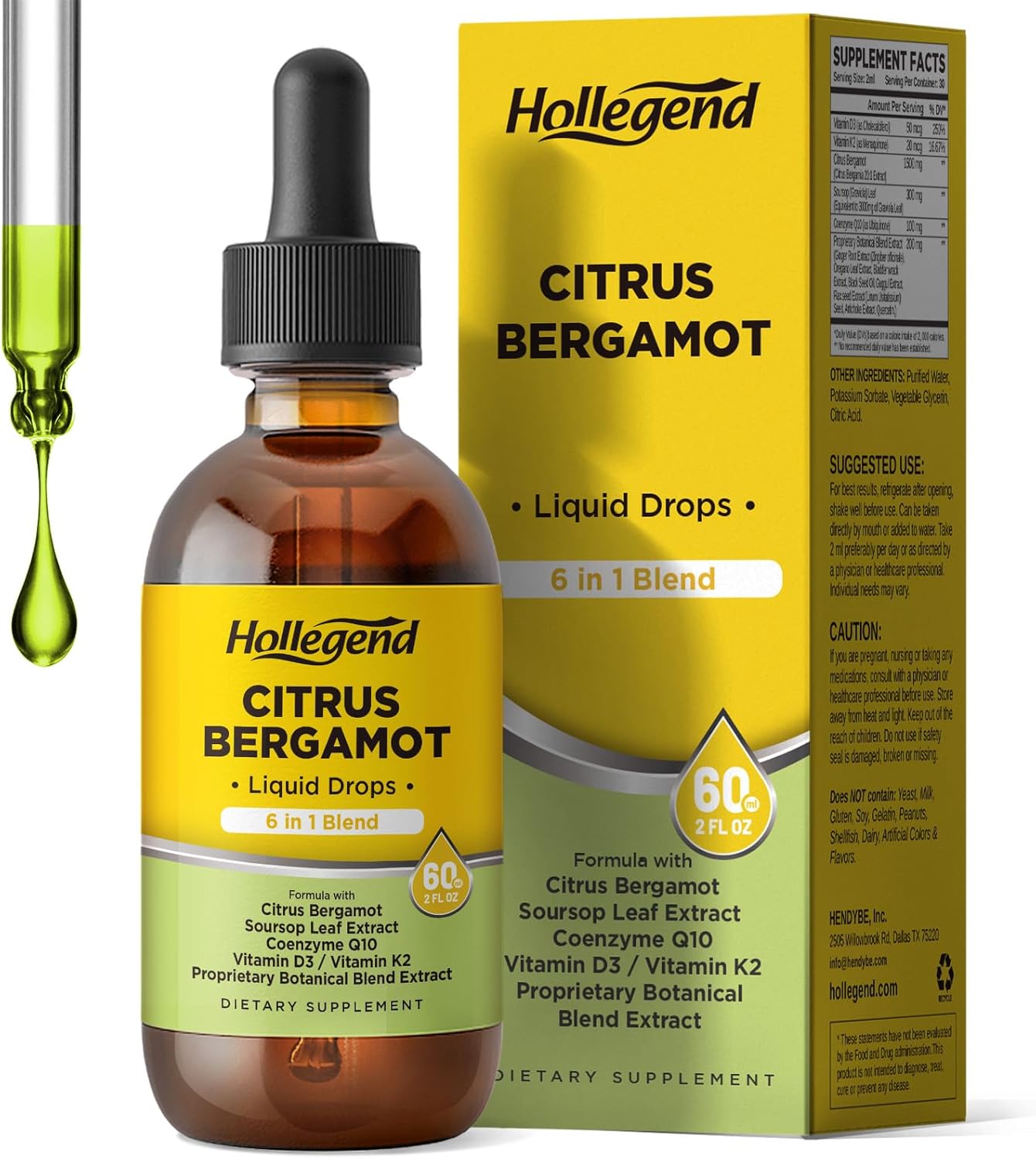 Citrus Bergamot Liquid Drops, Organic Citrus Bergamot 1000mg Supplement, Plus Soursop, CoQ10, Vitamin D3, K2, Overall Health Support, Vegan, Lemon Flavor,2 Fl Oz