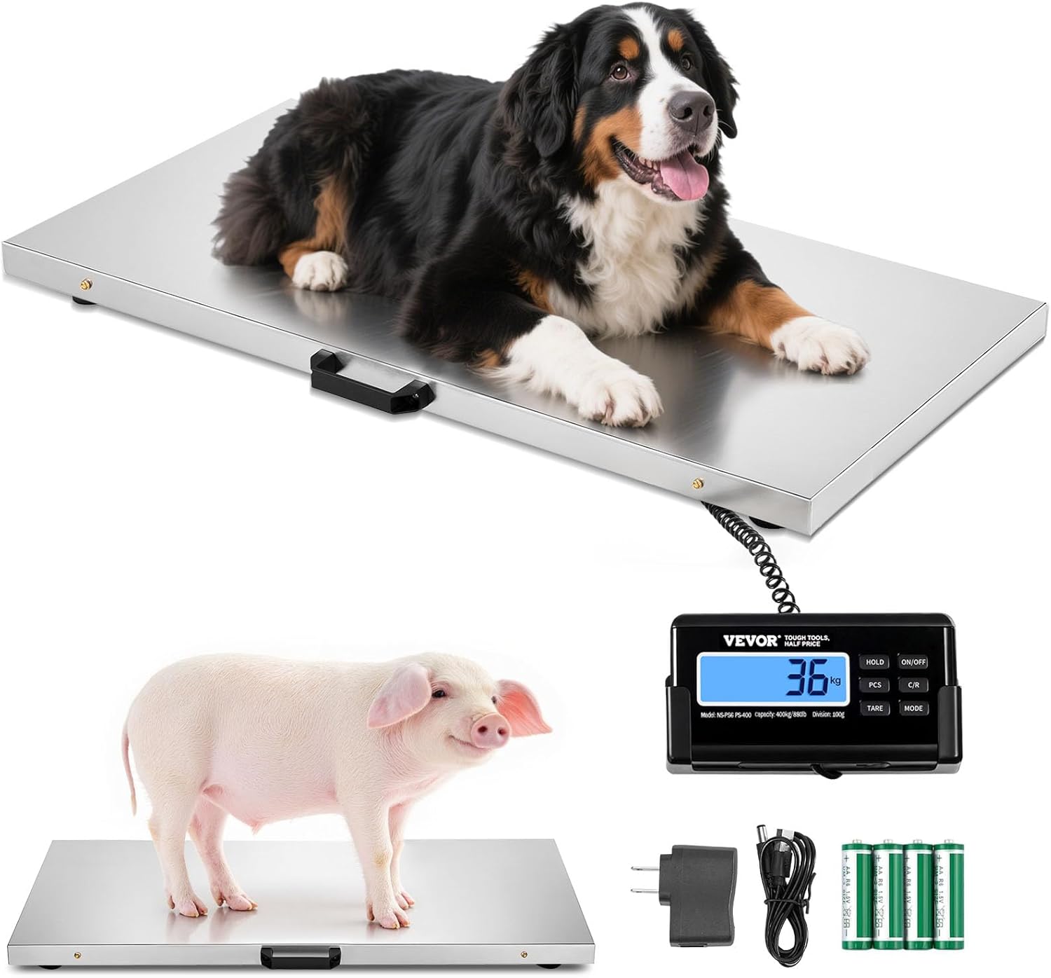 VEVOR 880Lbs x 0.2Lbs Livestock Scale Shipping Scales Large Platform 40.6x20.9Inch Stainless Steel Vet Scale Industrial Floor Scale Large Animal Dog Pig Scale Goat Weight Scale Pet Digital Scale