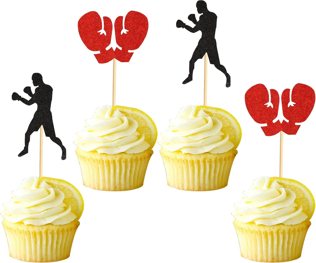 48Pcs Black Red Glitter Boxing Gloves Boxer Cupcake Toppers Fitness Cupcake Picks Boxer Birthday Party Decorations