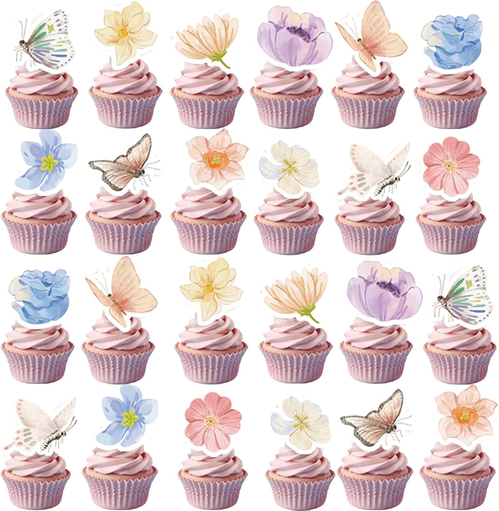 48Pcs Floral Party Cupcake Toppers for Wildflower Birthday Baby Shower Garden Floral Fairy Party Decorations