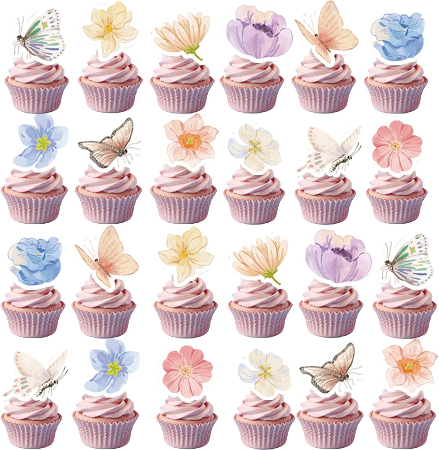 48Pcs Floral Party Cupcake Toppers for Wildflower Birthday Baby Shower Garden Floral Fairy Party Decorations