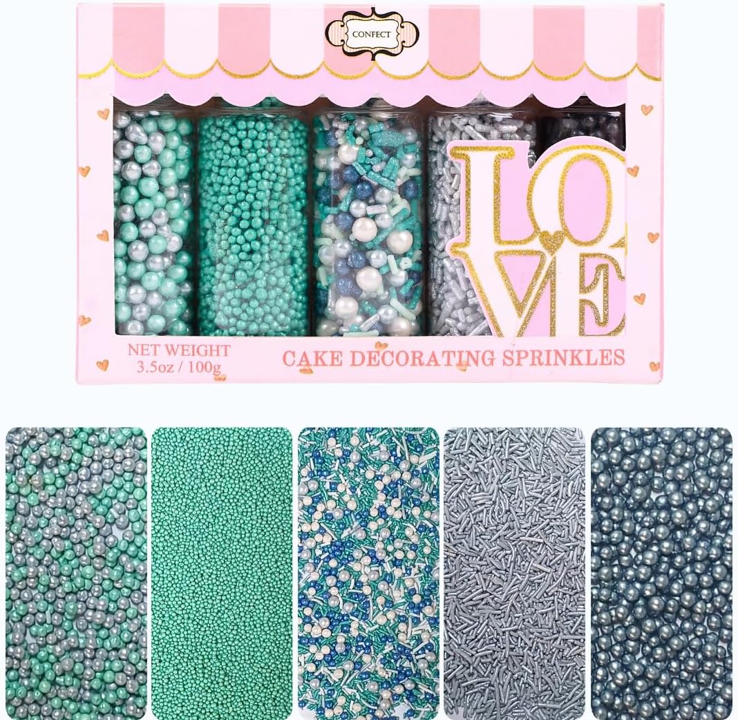 Confect Edible Sprinkles | Navy Blue & Teal Dragees, Green & White Jimmies, Bright Blue Sparkling Sugar | Baking Toppings & Decorations | Sprinkle for Cake & Cupcake Decorating – Vegan, Gluten-Free, Nut-Free, Soy-Free, Dairy-Free, Palm Oil-Free-5 Oz
