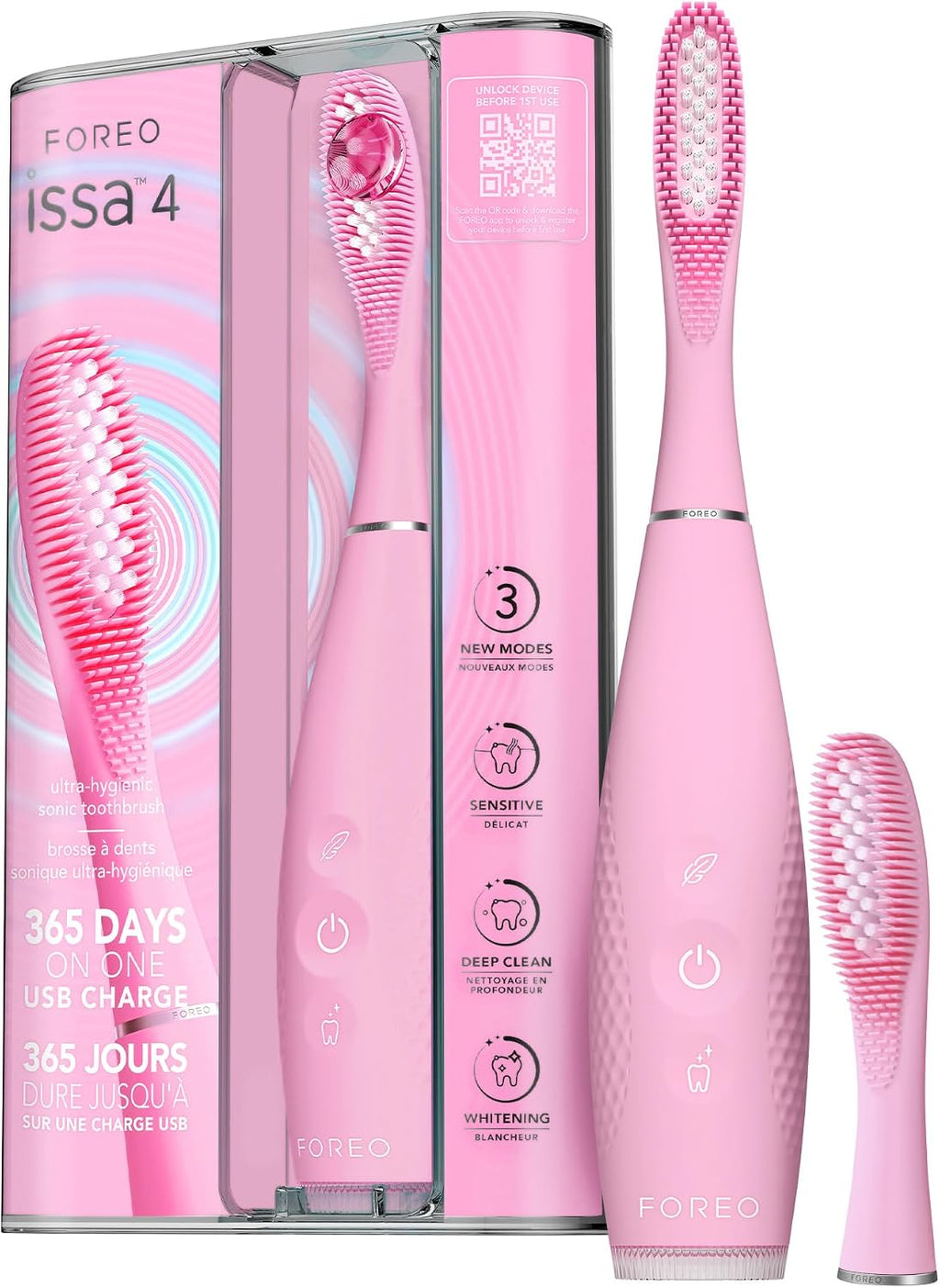 FOREO ISSA 4 Electric Toothbrush – 4-in-1 Rechargeable with Extra Brush Head, Soft Bristles, Long-Lasting Use, Gentle Cleaning - Pearl Pink