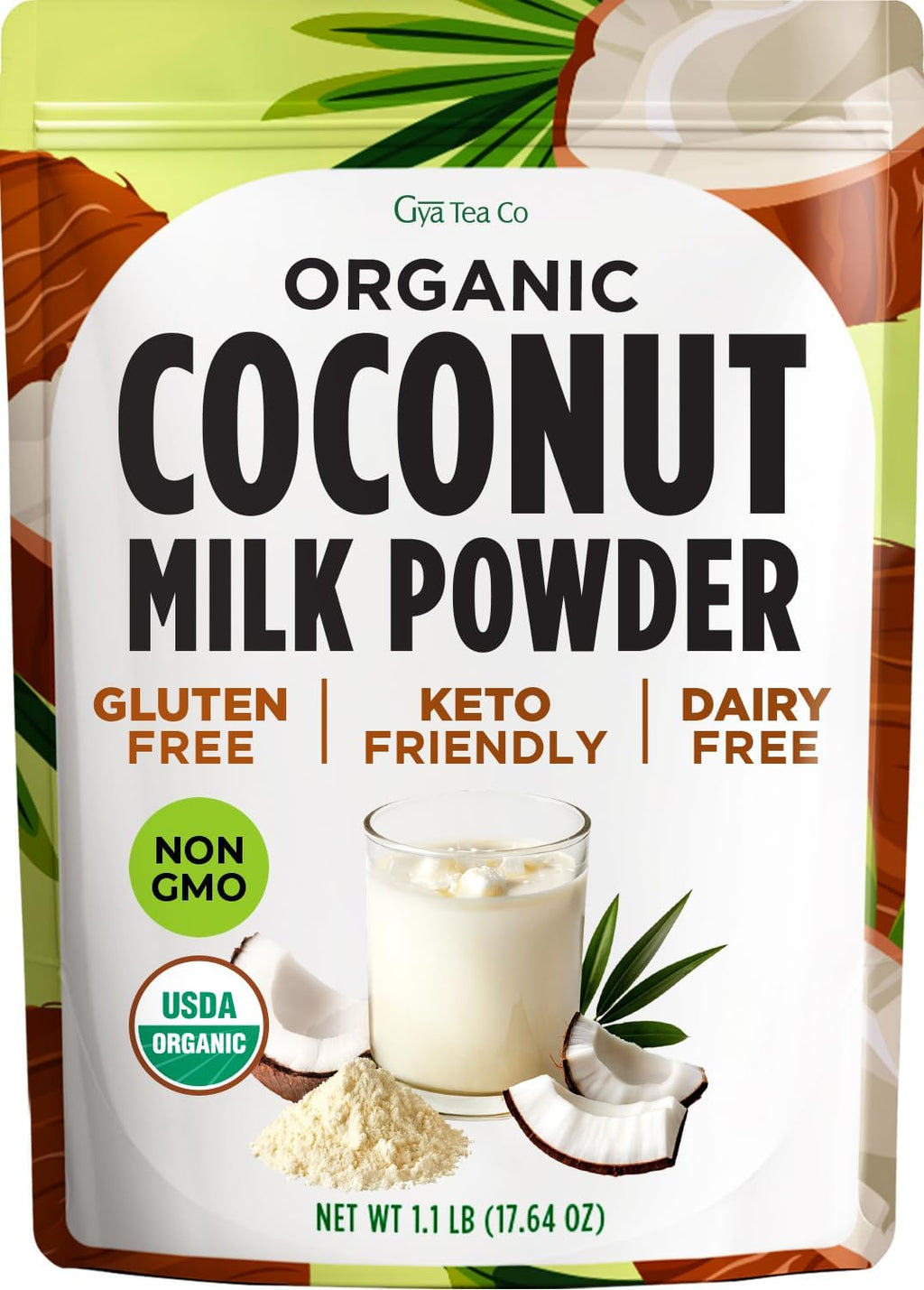 Gya Tea Co USDA Organic Coconut Milk Powder 1.1lb (17.64 Oz) - Blends Smoothly, Delicious Keto-Friendly Dairy Free Vegan Creamer for Coffee, Tea, Smoothies, Baking & Curry. Non-GMO, Gluten Free