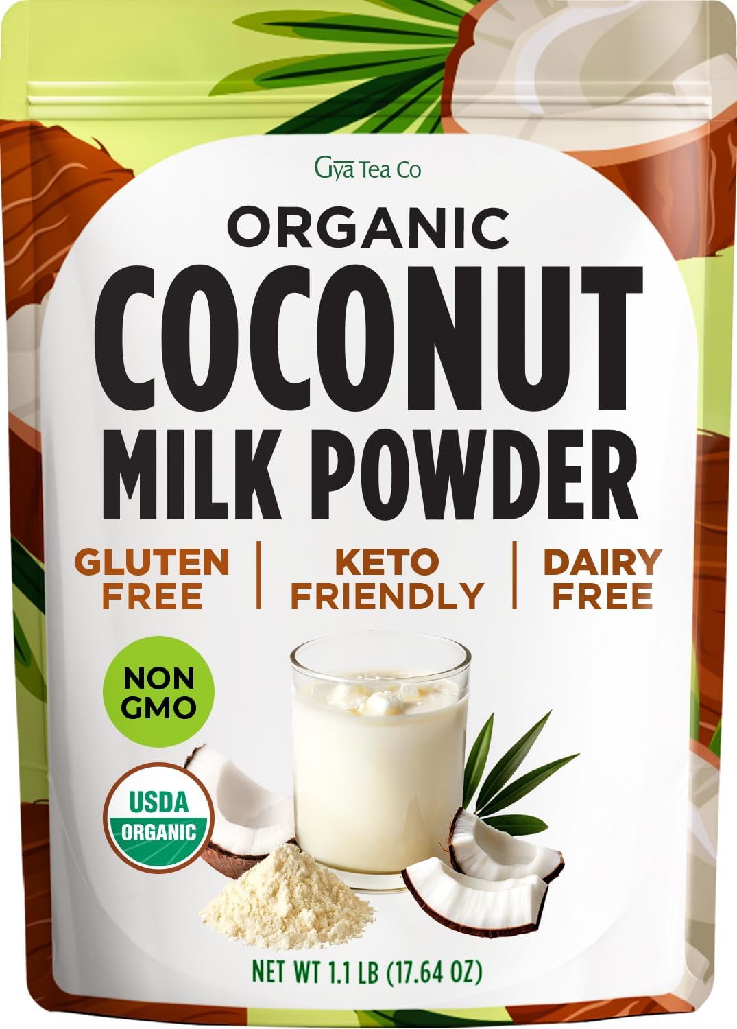 Gya Tea Co USDA Organic Coconut Milk Powder 1.1lb (17.64 Oz) - Blends Smoothly, Delicious Keto-Friendly Dairy Free Vegan Creamer for Coffee, Tea, Smoothies, Baking & Curry. Non-GMO, Gluten Free