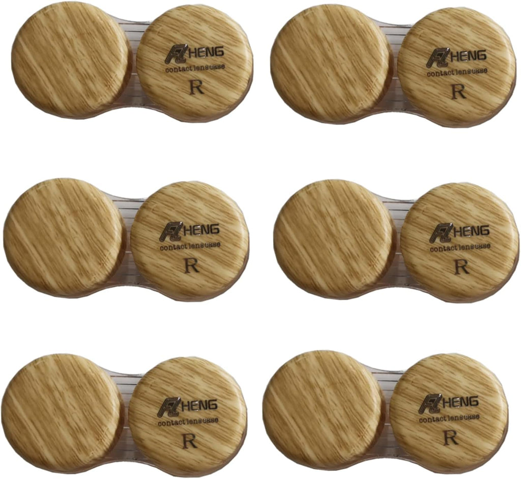 MUDOR 6 Pack Wood Grain Contact Lens Case, Contact Lens Box Holder Container Soak Storage Kit, Mini Contact Lens Travel Case with Leak-Proof Packaging,Wood color