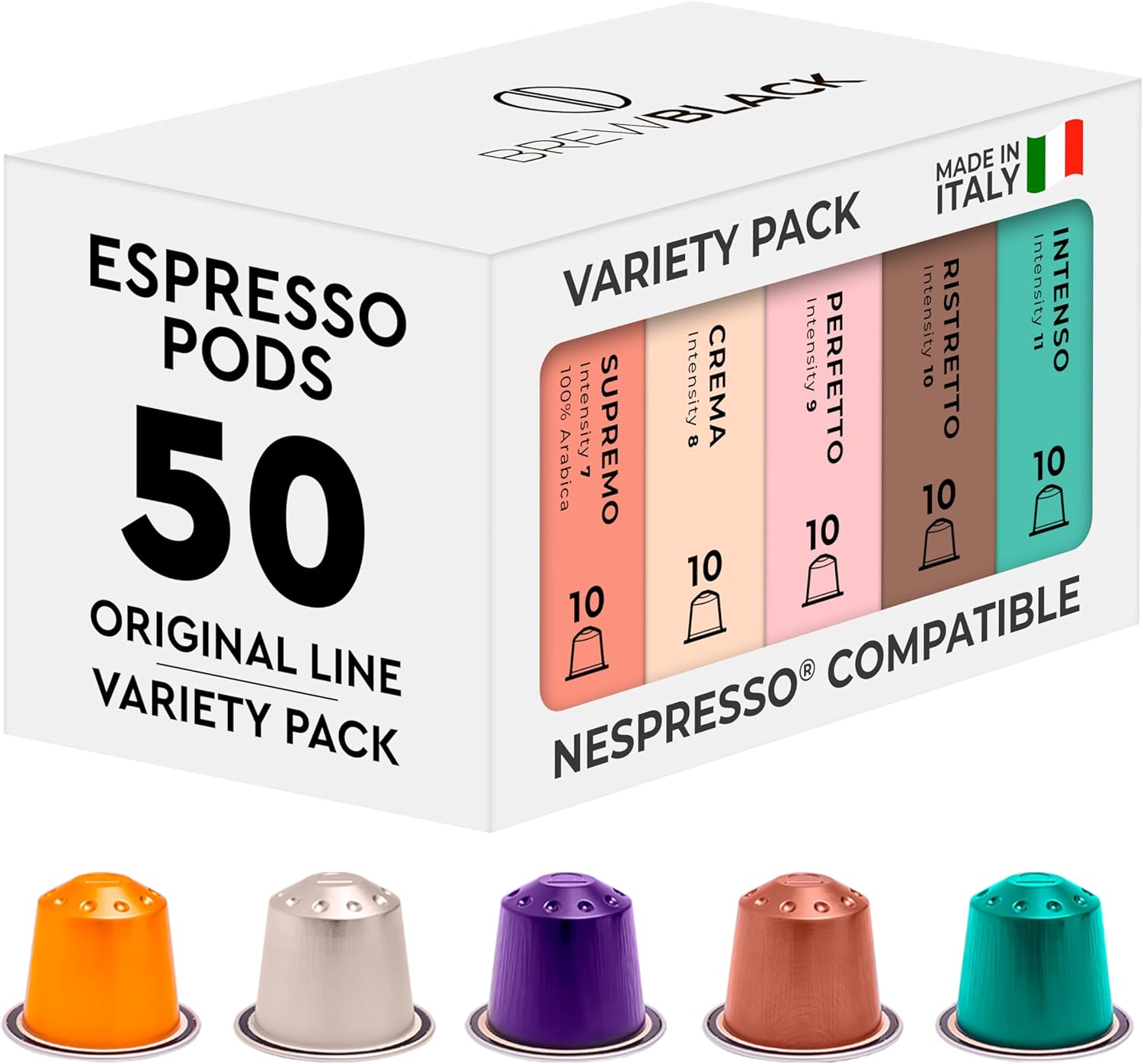 BrewBlack Variety Pack Coffee Capsules - 50 Aluminum Coffee Pods Compatible with Nespresso Original line, Medium and Dark Roast - Made in Italy