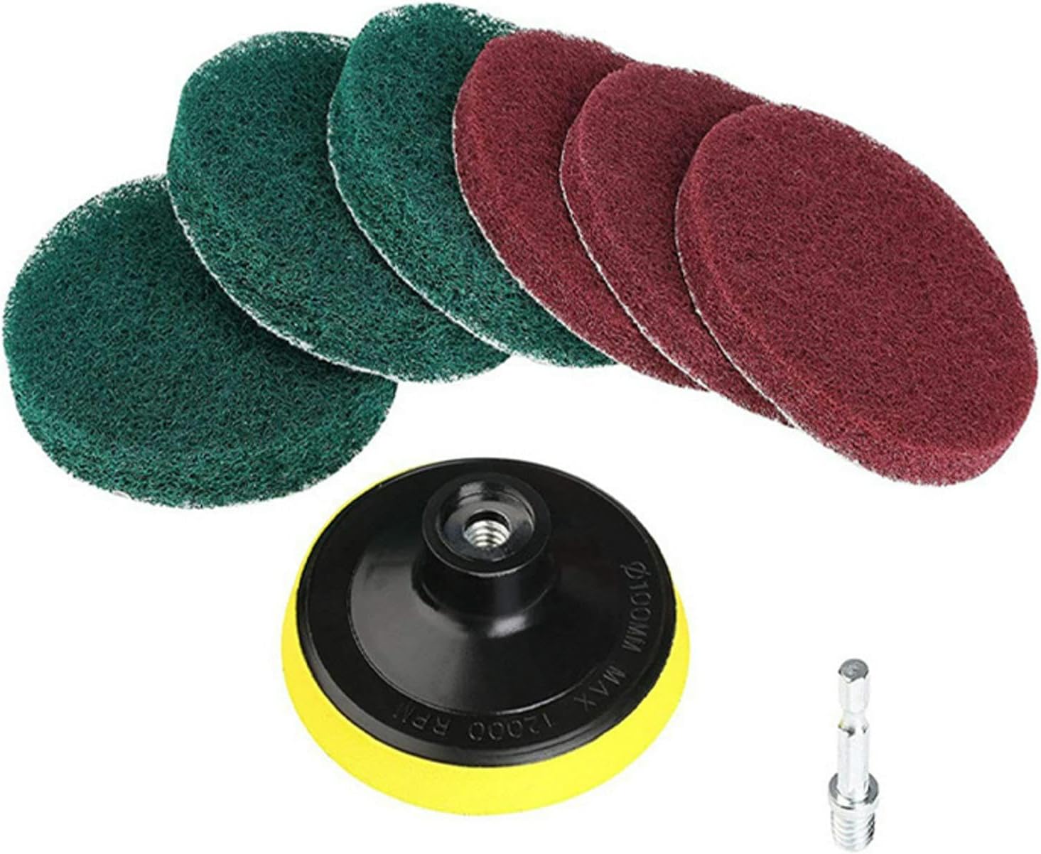 4 Inch Drill Powered Brush Tile Scrubber Scouring Pads,6 Scrubbing Pads with 4 Inch Pad Holder,1Quick Change Hex Shaft for Kitchen Bathroom Grout Tub Grill Cleans Large Flat Areas