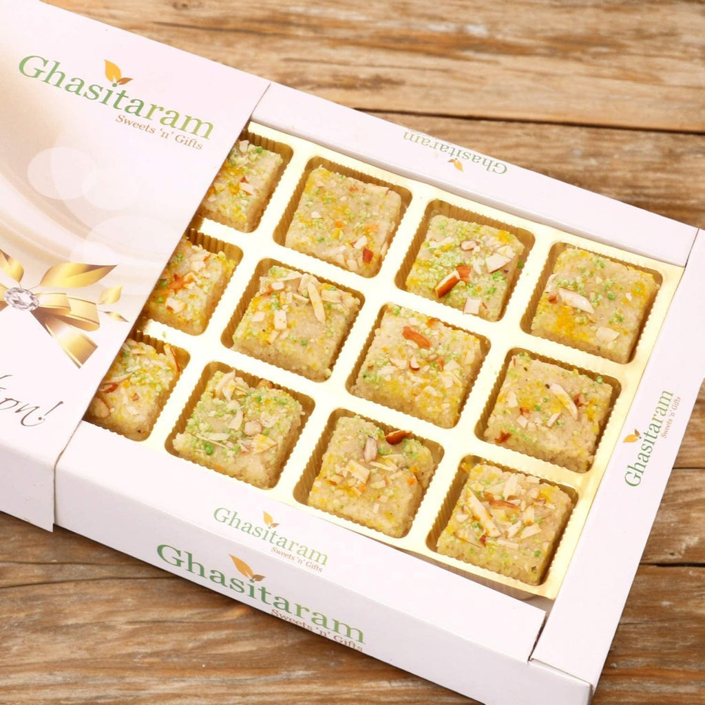Ghasitaram Gifts Indian Sweets - Diwali Gifts Sugarfree Sweets - Sugarfree Almond Barfi in White box