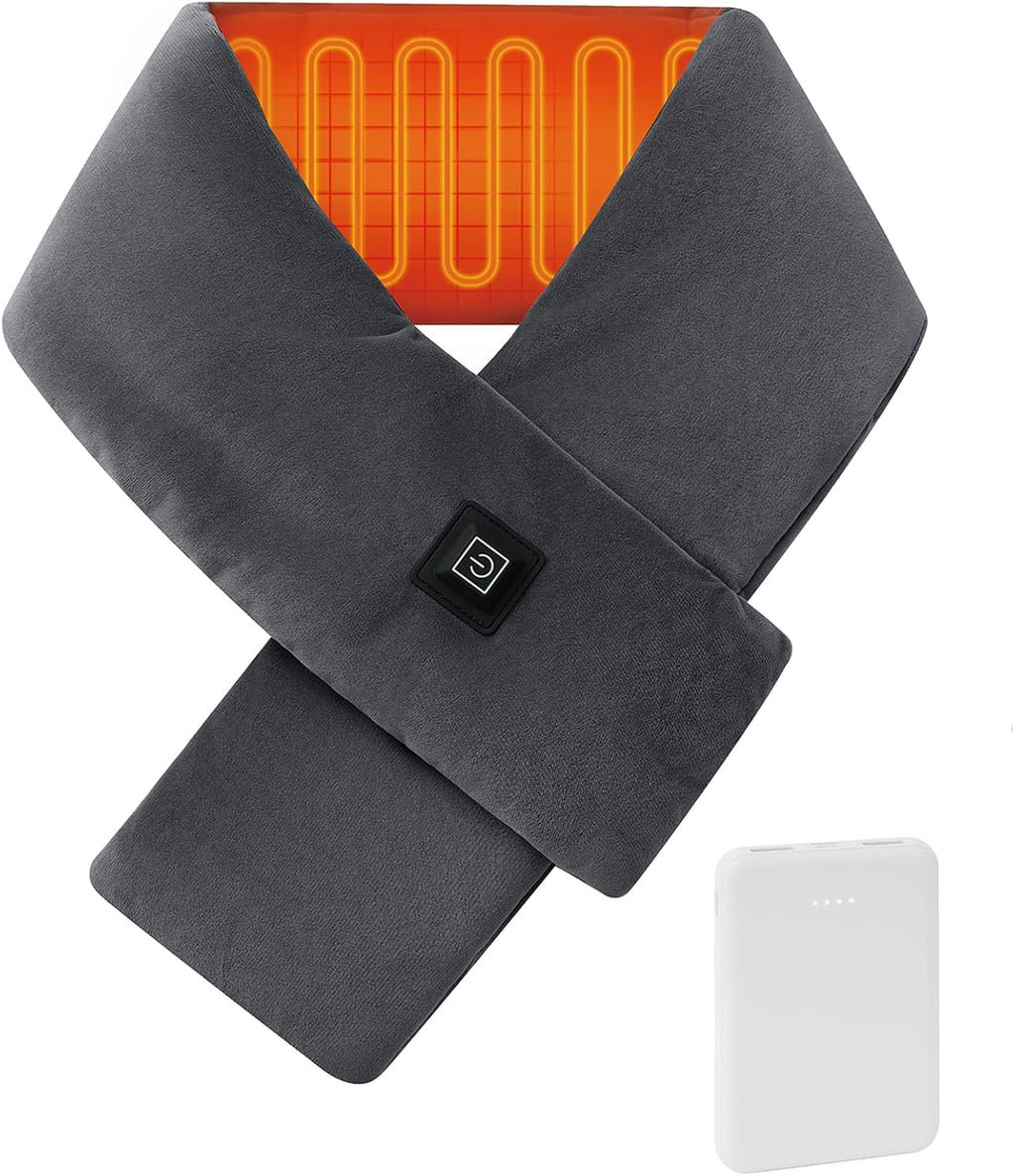 Heated Scarf with Power Bank, Electric Neck Heating Pad for Pain Relief, Portable Cordless Thermal Wrap with 3 Heat Levels, Soft Velvet Electric Neck Warmer for Men & Women Outdoor Winter Use-Grey