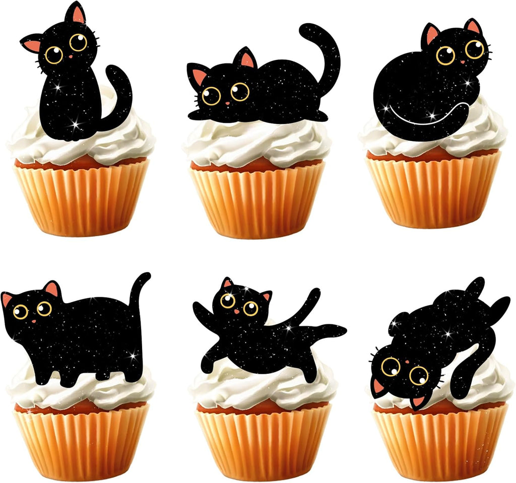 18pcs Cute Black Cat Cupcake Toppers for Boys Girls Pet Baby Shower Kitten Meow Party Supplies Favor Glitter Black Cat Themed Birthday Party Decorations