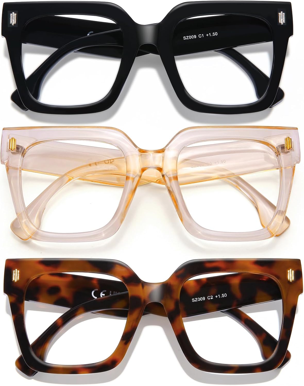 AQWANO Blue Light Reading Glasses Women, Fashion Oversized Square Computer Readers, 3-Pack Large Frame Eyeglasses