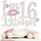 I'm 16th Funny Birthday Pink Rhinestone Cake Topper - Happy 16th Birthday Cheers to 16 Years Old Sixteen Bday Party Metal Sparkly Food Centerpieces Topper Decorations Sign.