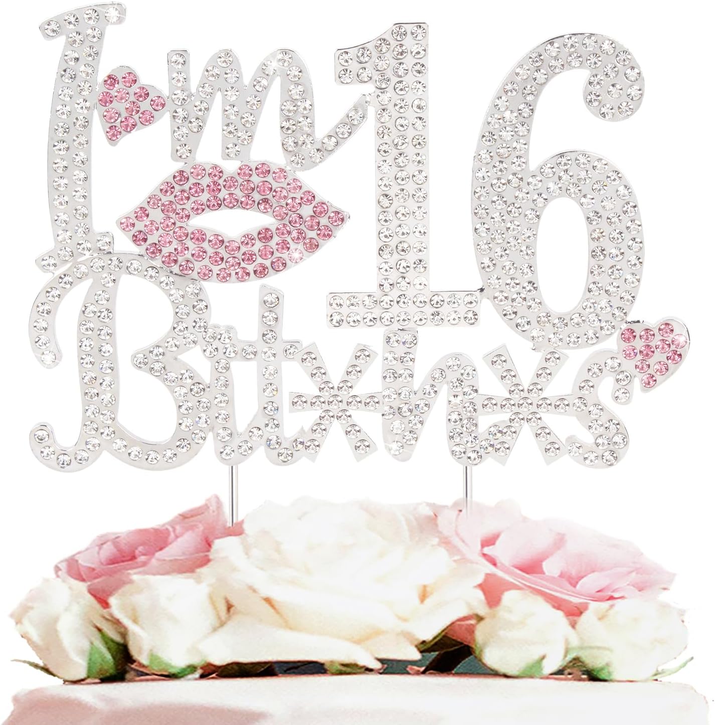 I'm 16th Funny Birthday Pink Rhinestone Cake Topper - Happy 16th Birthday Cheers to 16 Years Old Sixteen Bday Party Metal Sparkly Food Centerpieces Topper Decorations Sign.