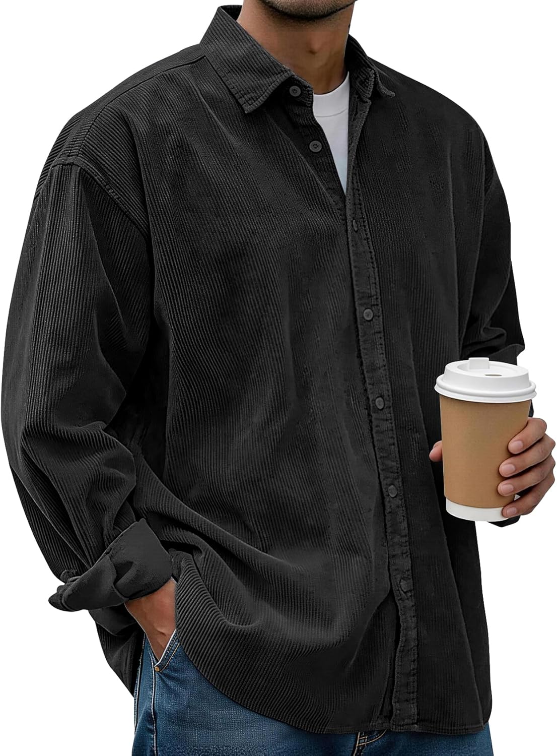 Eisctnd Men's Corduroy Shirt Jacket - Button Down Long Sleeve Casual Streetwear Loose Fit Lightweight Shacket for Spring Fall