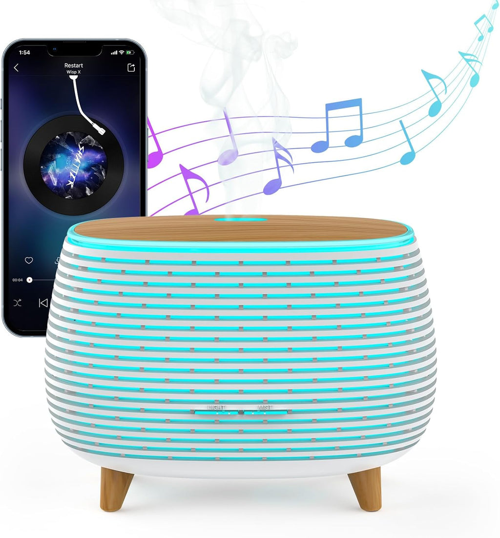 2-in-1 BT Speaker & Ultrasonic Essential Oil Diffuser,Aromatherapy Diffuser Cool Mist Humidifier with 7 Colors Lights for Large Room Home Office,400ml(White+Wooden Grain)