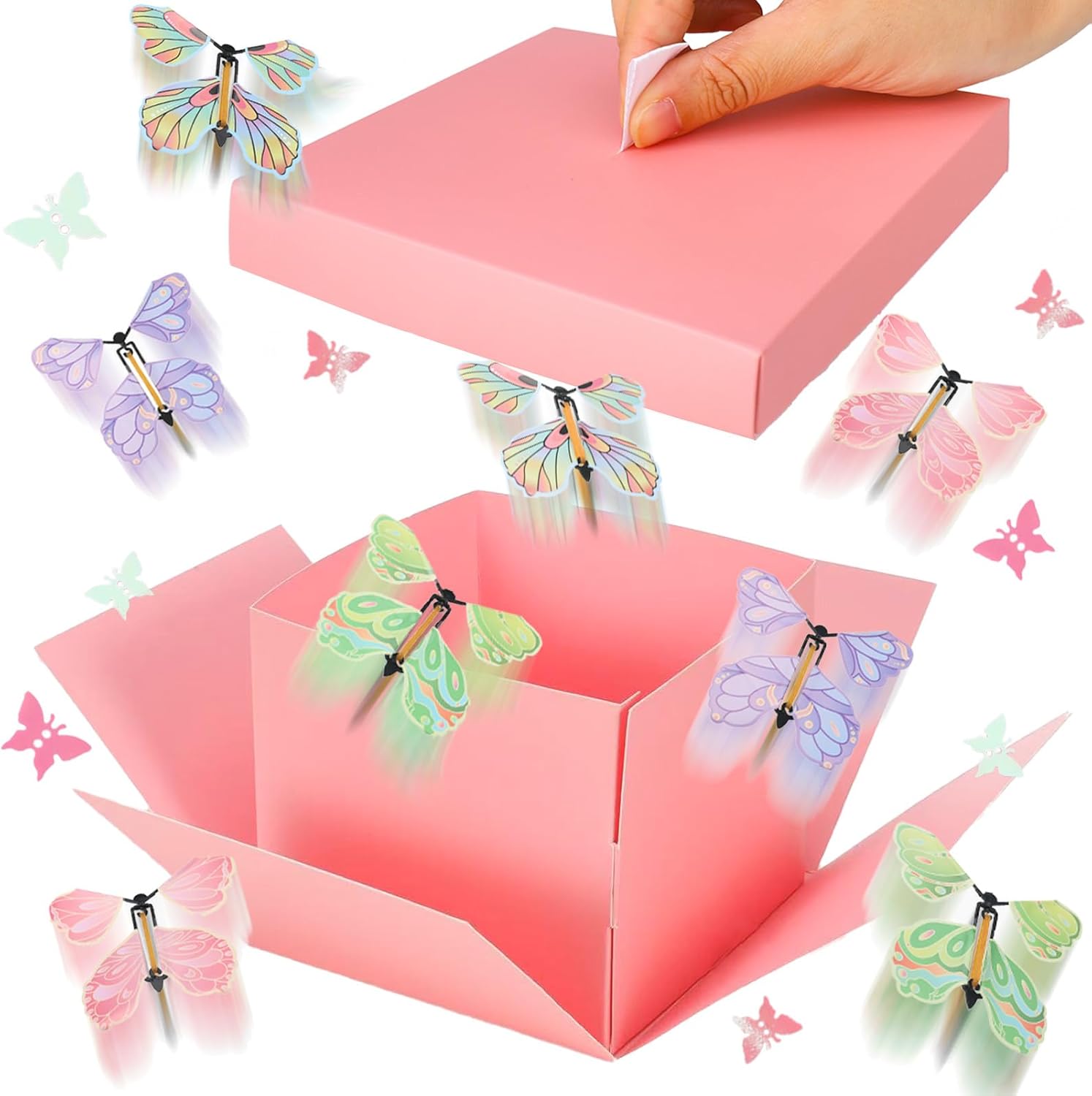 tesaiue Pink Flying Butterfly Surprise Gift Box, DIY Birthday Explosion Pink Gift Box with 8 Pcs Flying Butterfly and Confetti‌, Exploding Fantasy Decor for Birthday, Anniversary, Wedding, Mother's Day, Graduation Party