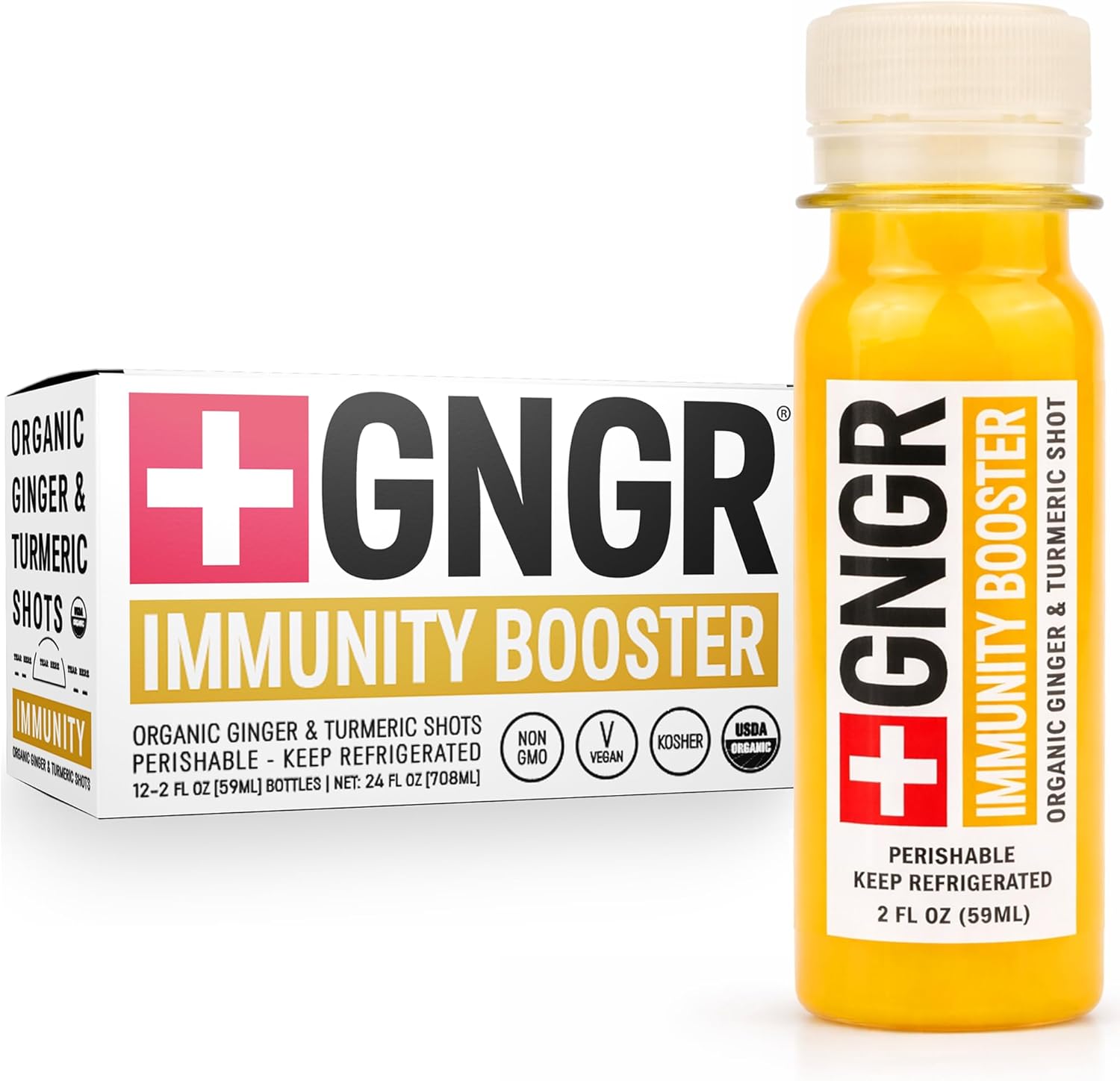 +GNGR Immunity Booster – Organic Cold-Pressed Ginger & Turmeric Shots with Orange, Lemon & Cayenne. High-Absorption Curcumin. Ginger Shot for Immune & Digestive Support. 2 fl oz Bottles (12-Pack)