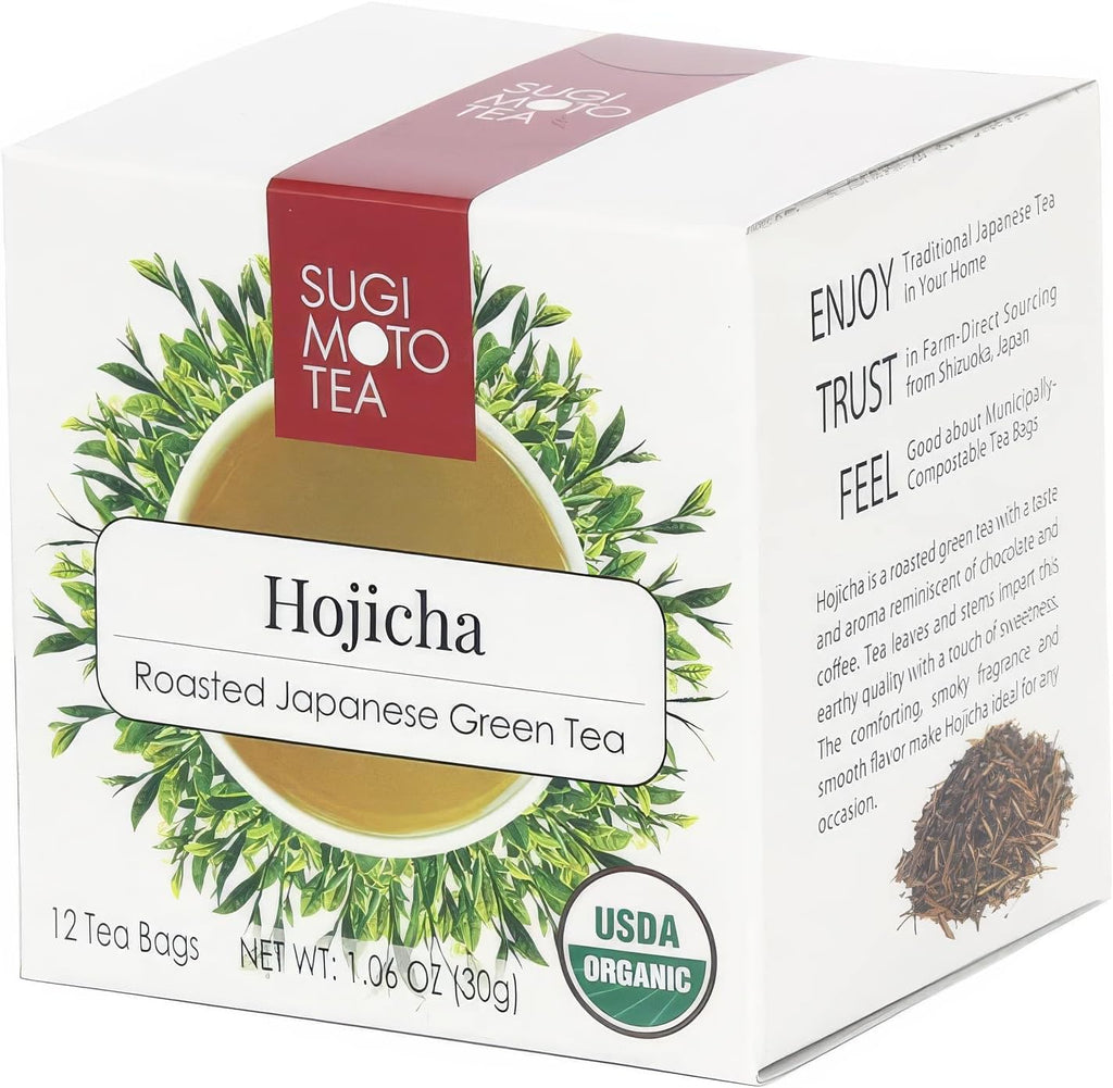 SUGIMOTO TEA Japanese Organic Hojicha Roasted Green Tea Bags 12 Count