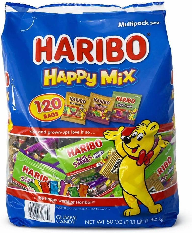 HARIBO Happy Mix Gummy Variety Pack, 120 Mini Bags (50 oz) – Goldbears, Twin Snakes & Wild Berry, Individually Wrapped Bulk Candy