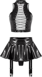 ranrann Women Sexy Latex Two Piece Lingerie Outfits Halter Top And Ruffle Mini Skirt Garter Belt Set Black Small